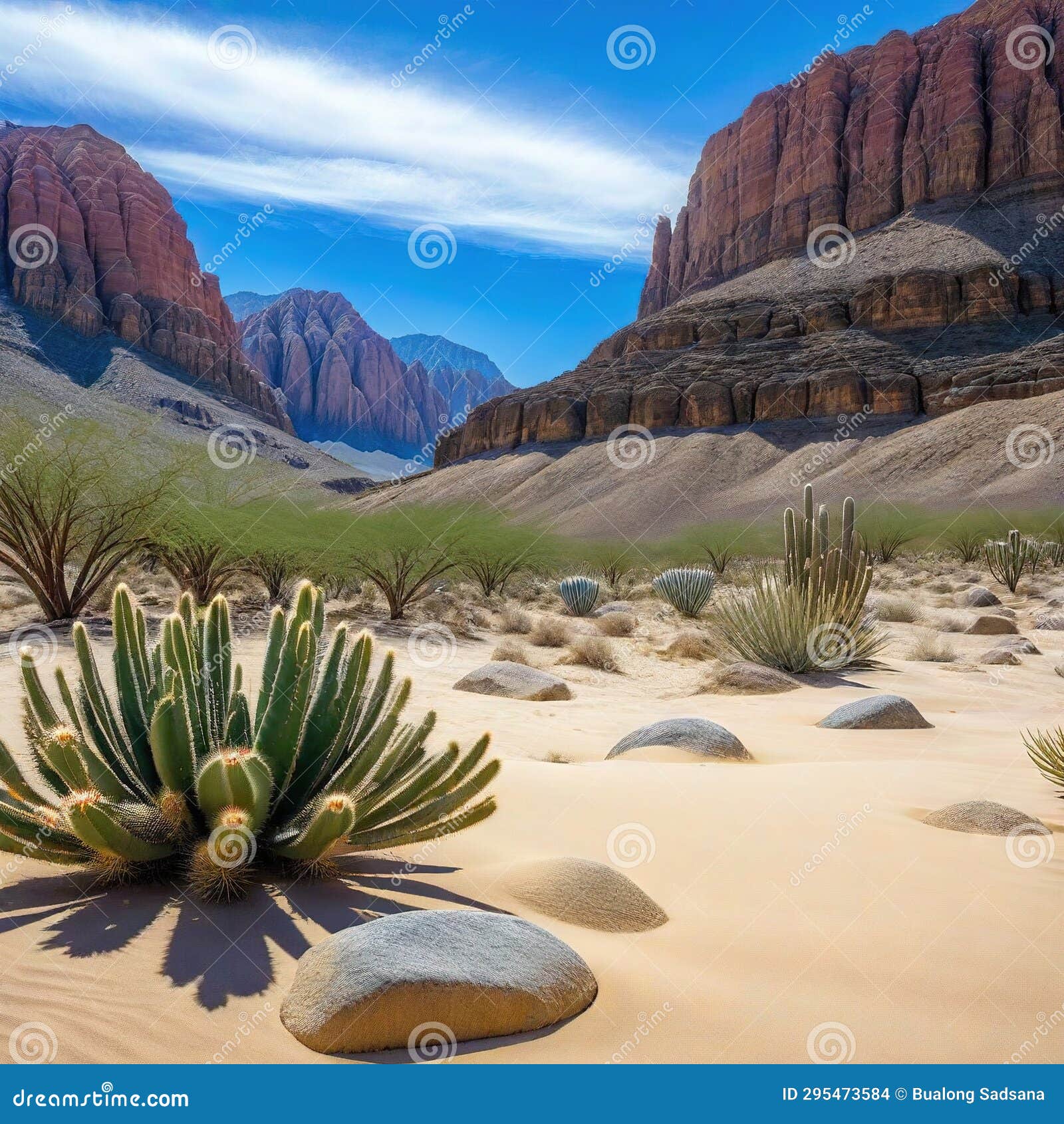 ai generated  wildlife concept of a desert landscape with rocks and cactus plants in the foreground and mountains in